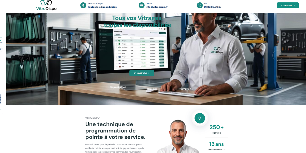 Site web VitroDispo - Plateforme SaaS gestion disponibilités vitrages 250+ centres